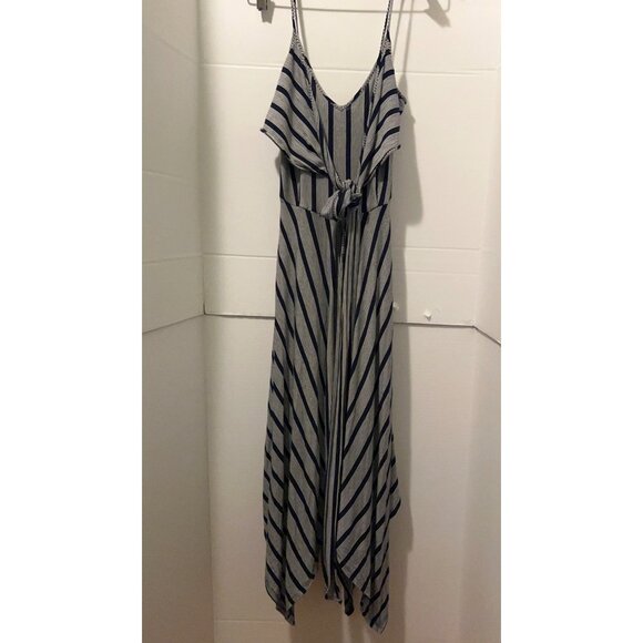 Alya Navy White Striped Maxi Dress M Handkerchief Hem Tie Front Spaghetti Strap - Picture 7 of 10